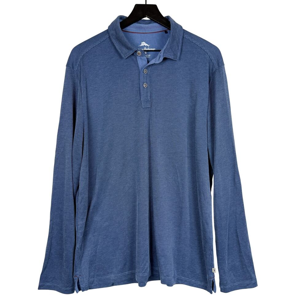 Tommy Bahama Mens Blue Stripe Tencel Long Sleeve Polo Shirt - L